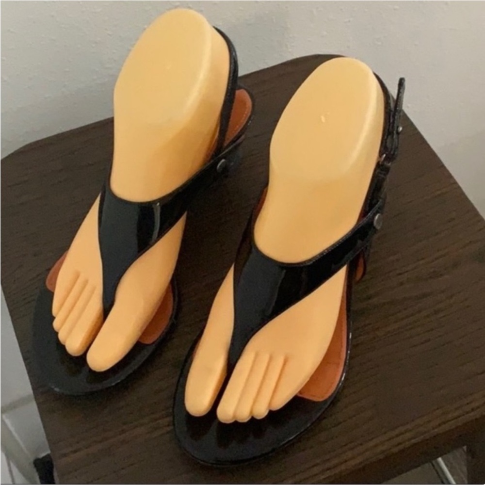 Authentic Vía Spiga designer black patent leather wedge sandals Sz 7 - Picture 4 of 9